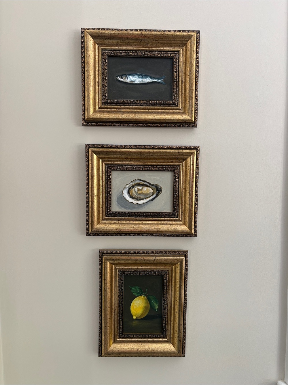 Set of 3 Small Vintage-Style Still Life Oil Paintings — Fish, Oyster & Lemon